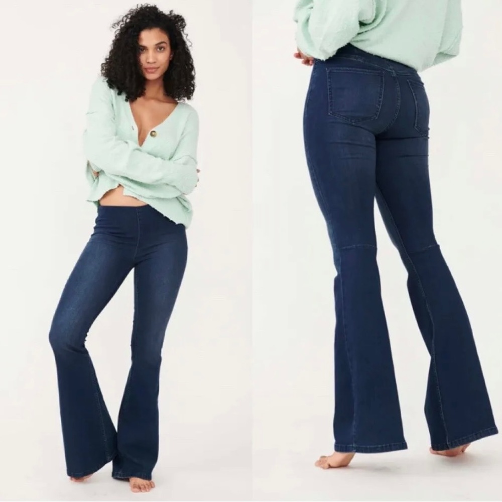 Free People Penny Pull On Flare Raw Hem Denim Jegging Stretch Jeans